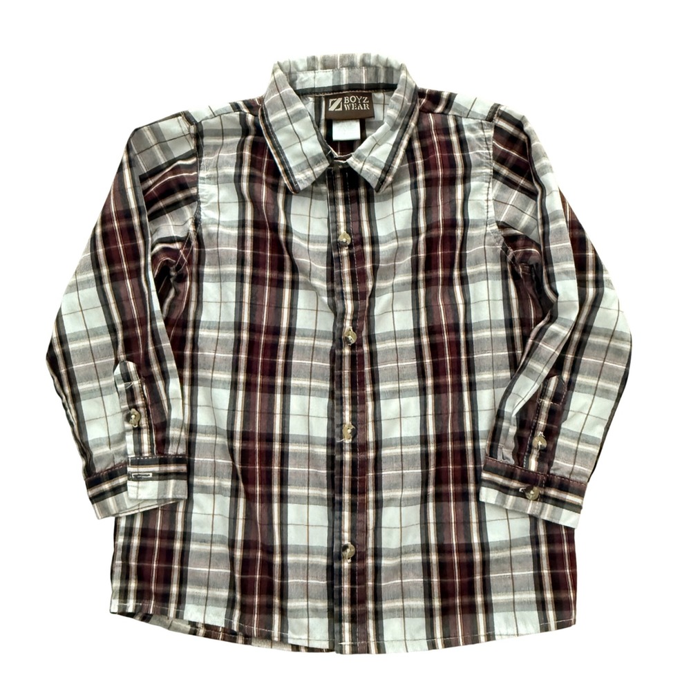 Boyz Wear Button Down Shirt Boys Size 7 Burgundy White Plaid Long Sleeve - Picture 1 of 6